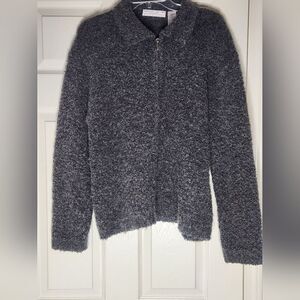 Vtg Carolyn Taylor L Gray Cozy WOOL Blend Longsleeves Full Zipper Women Sweater
